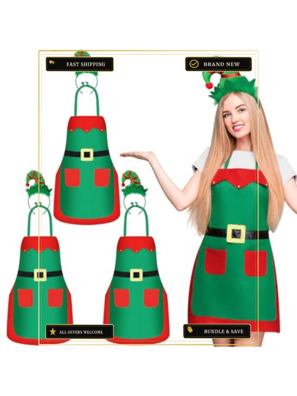 Christmas Elf Apron and Headband Set 3 Pc Non-woven Fabric Costume